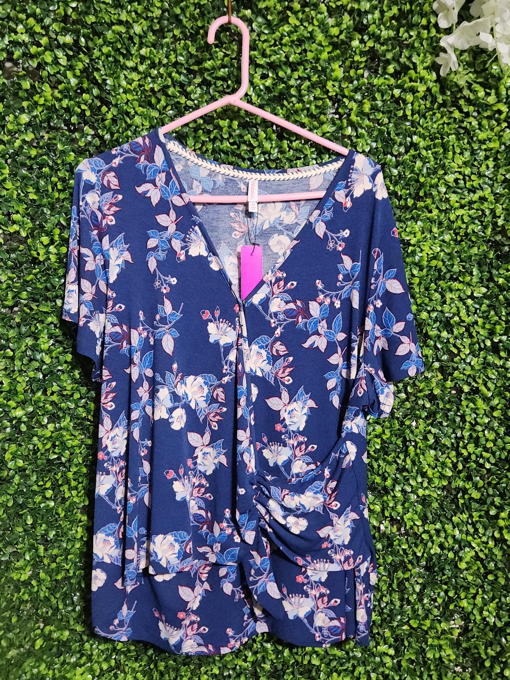 Xhilaration Navy Floral Twist Front Short Sleeve Top Size 2x